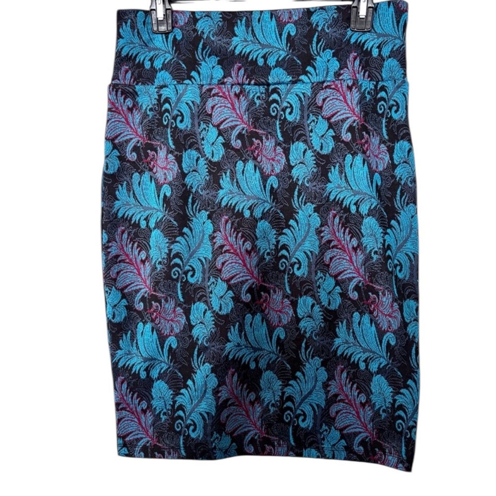 LuLaRoe Teal Grey and Pink Patterned Knit Stretchy Skirt Like New